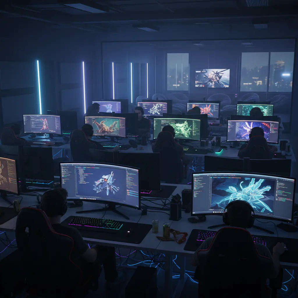 Dark high-tech game development studio