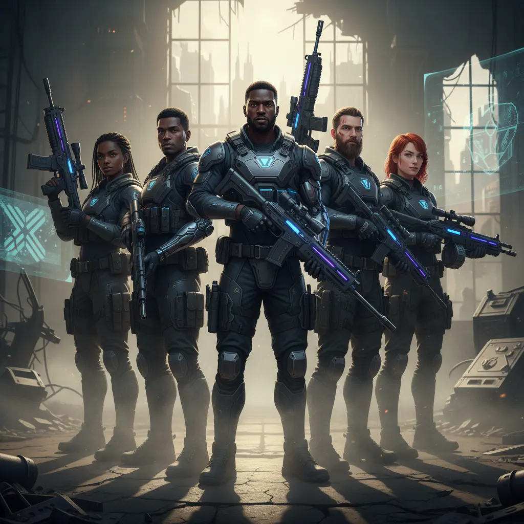 Squad of characters in dramatic lighting